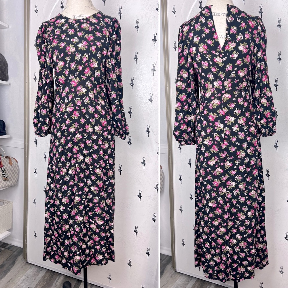 Zara Black Floral Midi Maci Long sleeve Cottagecore Rose Dress sz. S boho light